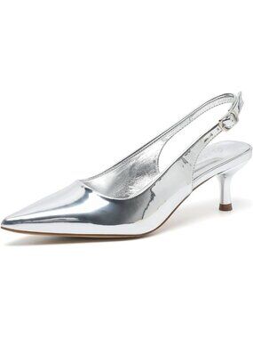 Women's Silver PU Low Kitten Heel Slingback Pump Pointed Toe Heeled Sandals